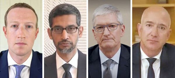 From left, Mark Zuckerberg of Facebook, Sundar Pichai of Google, Tim Cook of Apple and Jeff Bezos of Amazon answered questions from House lawmakers about their business practices via videoconference.