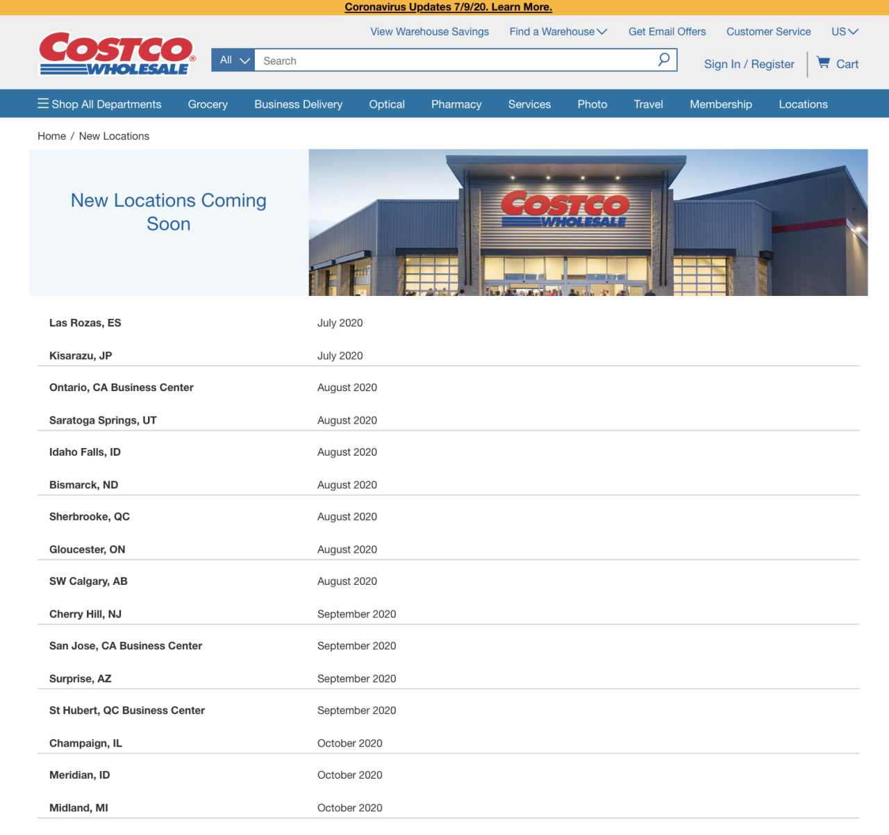 Costco new locations website screenshot