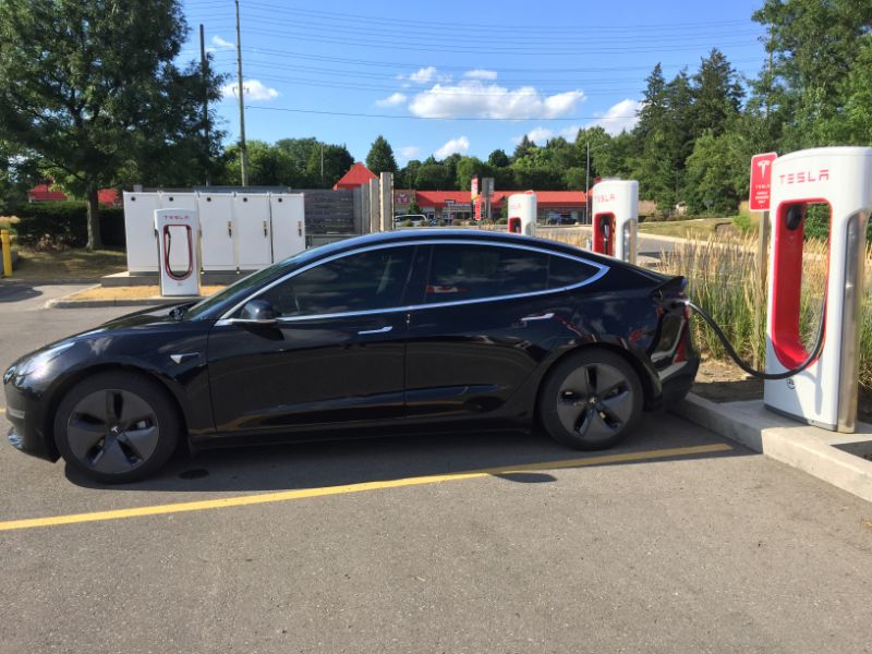 Tesla electric vehicle charging station in Markham, Ontario, Canada, on July 17, 2020. (Photo by Creative Touch Imaging Ltd./NurPhoto via Getty Images)