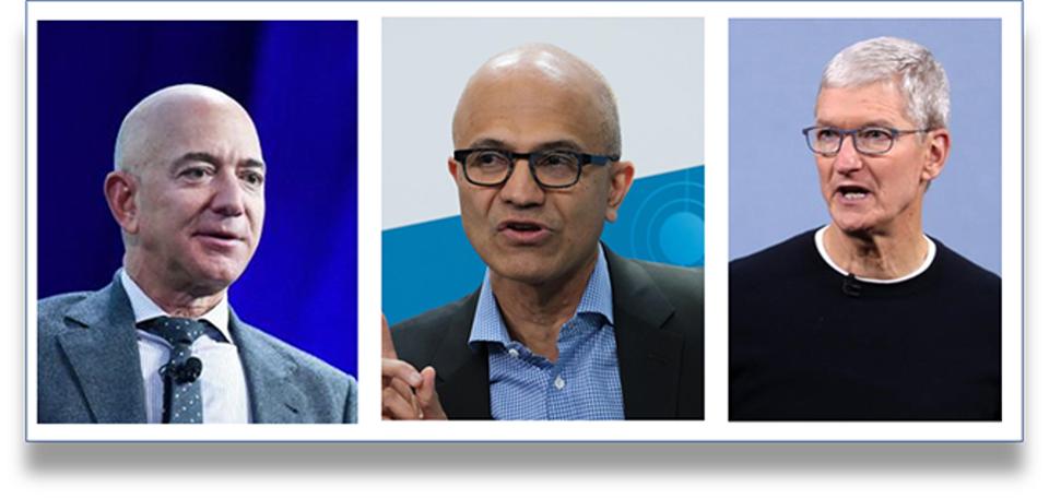 Amazon CEO Jeff Bezos, Microsoft CEO Satya Nadella; Apple CEO Tim Cook