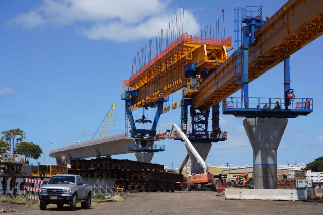 HART rail guideway columns leaving Airport industrial area as construction moves towards Middle Street. July10, 2020