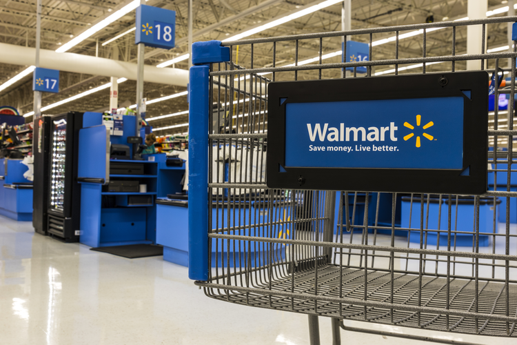 Walmart shopping cart inside store. 