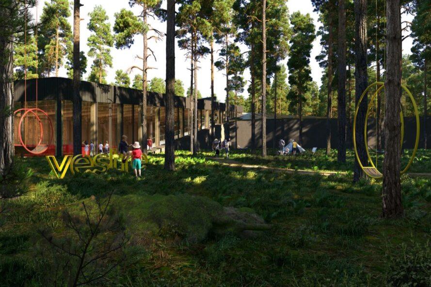 rendering of charred timber and glass factory with large, circular swings on the trees outside