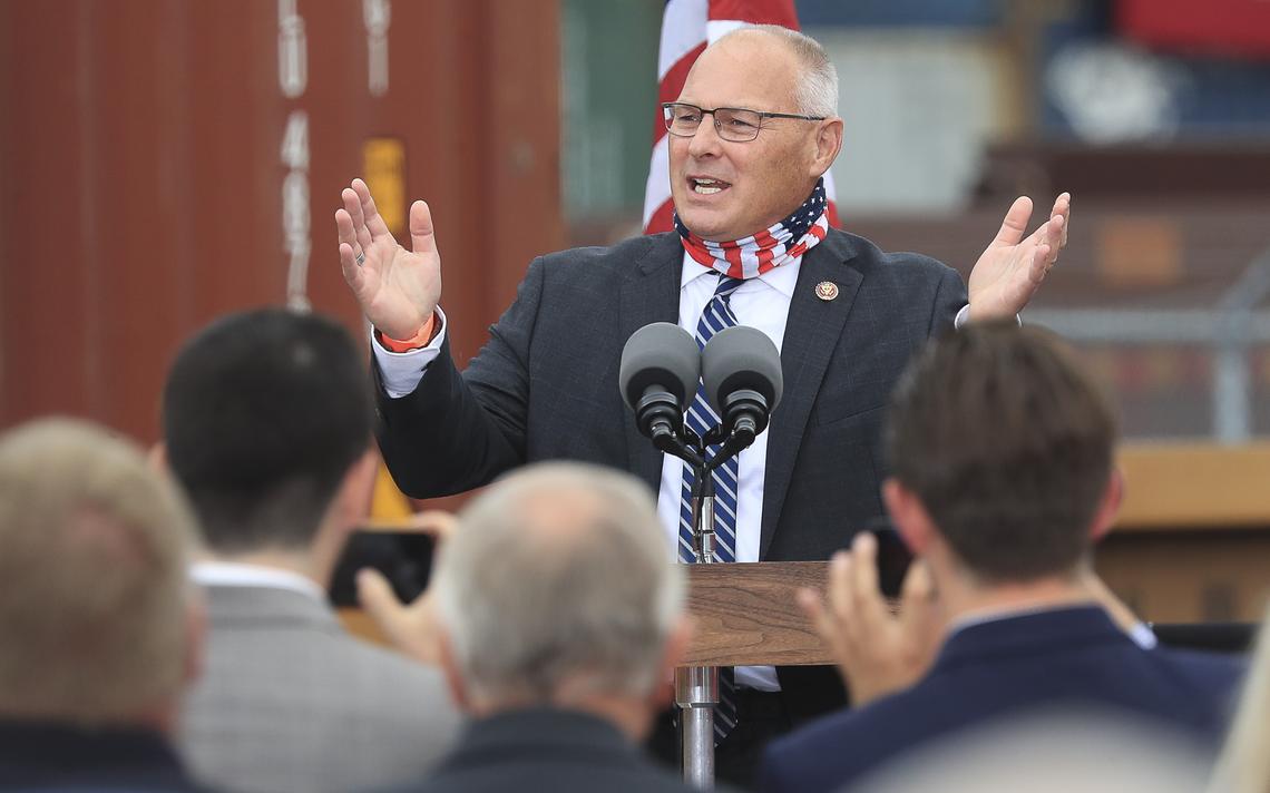 U.S. Representative Pete Stauber speaks during Vice President Mike Pence's campaign visit to Lake Superior Warehousing Friday in Duluth. (Clint Austin/caustin@duluthnews.com)