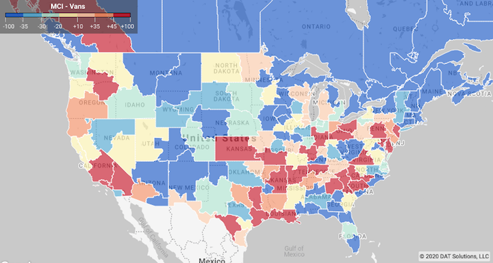 DAT’s 7-day Market Conditions Index shows high demand for truckload van capacity along the Gulf Coast as shippers looked to reposition freight ahead of two major storms. Source: DAT Solutions