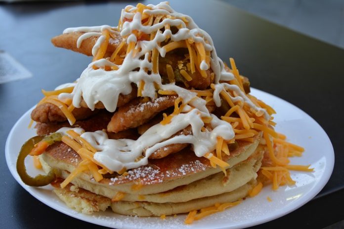 Jersey chicken and cheddar pancakes at the Brownstone Pancake Factory in Englewood Cliffs