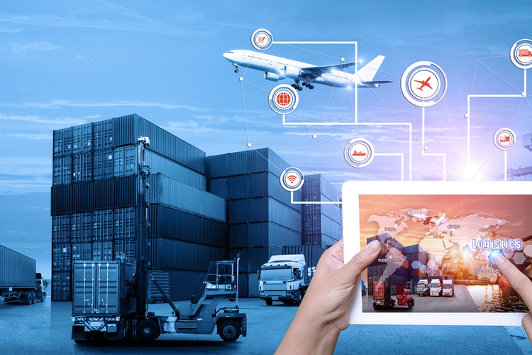 Supply chain with plane, truck, ipad