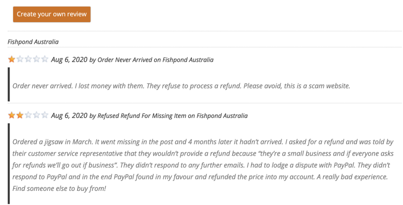 Angry reviews on the company's website have also begun piling up. Source: Fishpond.com.au