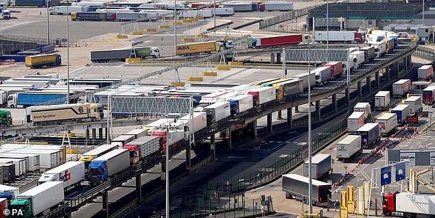 Freight lorries queue to leave Dover to deliver goods across the UK in lockdown on March 31