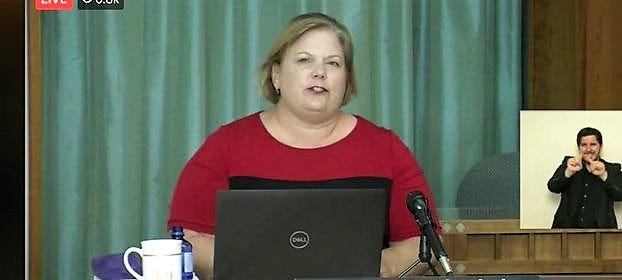 New Mexico Early Childhood Education and Care Secretary Elizabeth Groginsky speaks during a livestreamed news conference from the state Capitol building in Santa Fe on Thursday, Sept. 10, 2020.