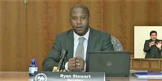 New Mexico Public Education Secretary Ryan Stewart speaks during a livestreamed news conference at the state Capitol building on Thursday, Sept. 10, 2020.