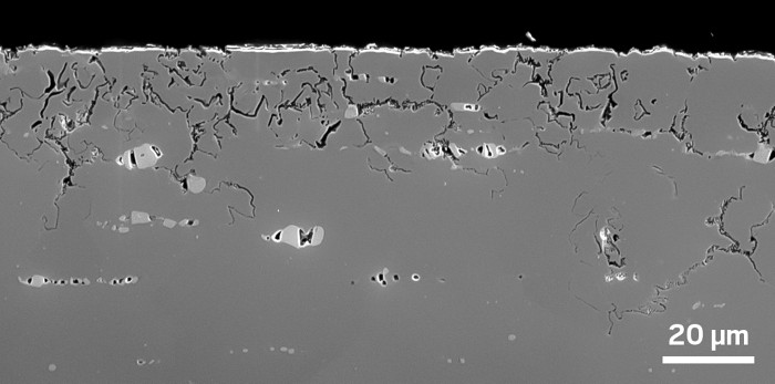 A micrograph showing a section of a corroded piece of metal. 09836-cover-salt.jpg