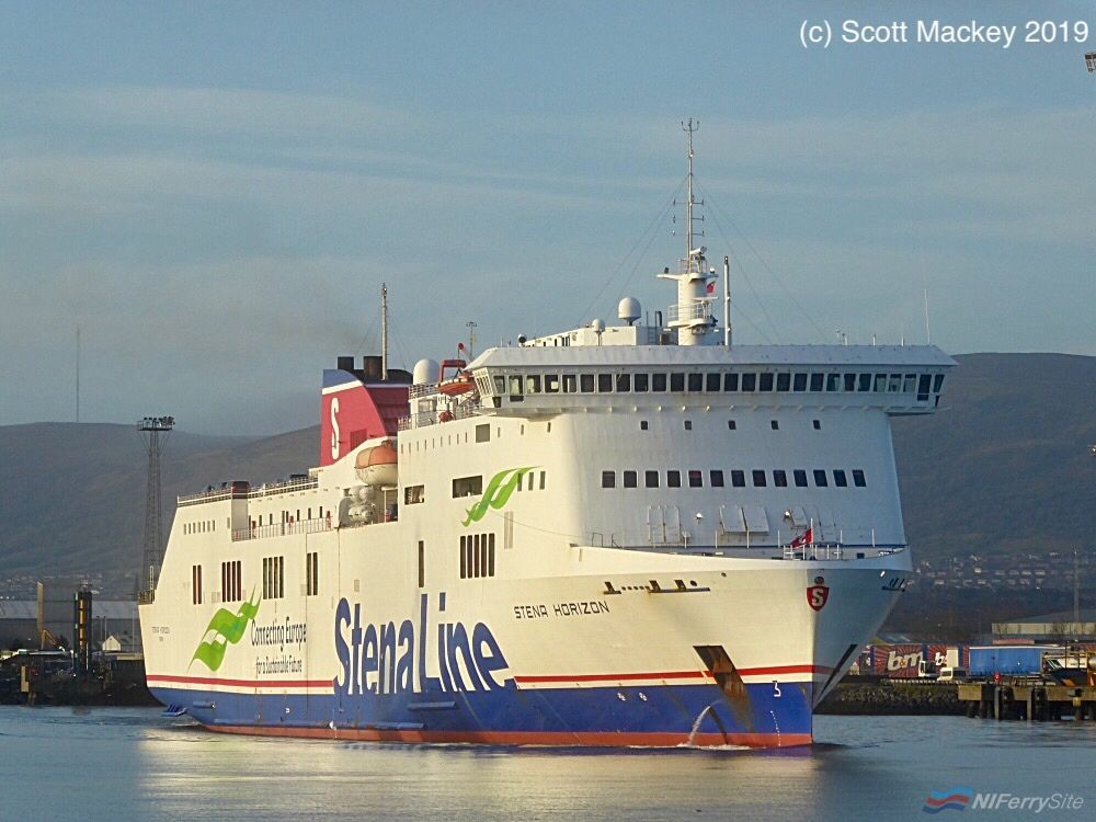 STENA HORIZON leaves Belfast on the morning of New Years Day 2019 while providing dry dock cover for STENA LAGAN. Copyright © Scott Mackey.