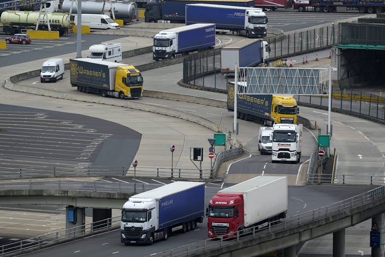 Lorries arrive at the ferry terminal in Dover.