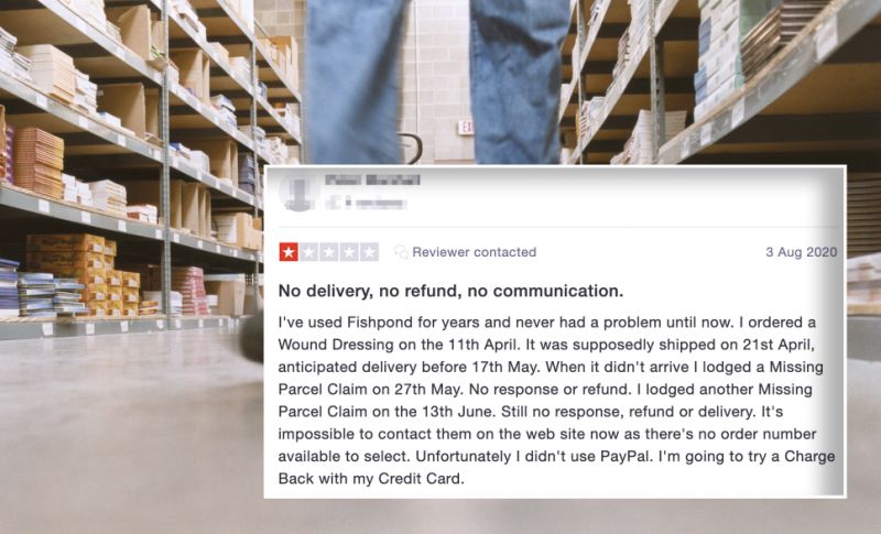 An angry Fishpond comment titled "no delivery, no refund, no communication."