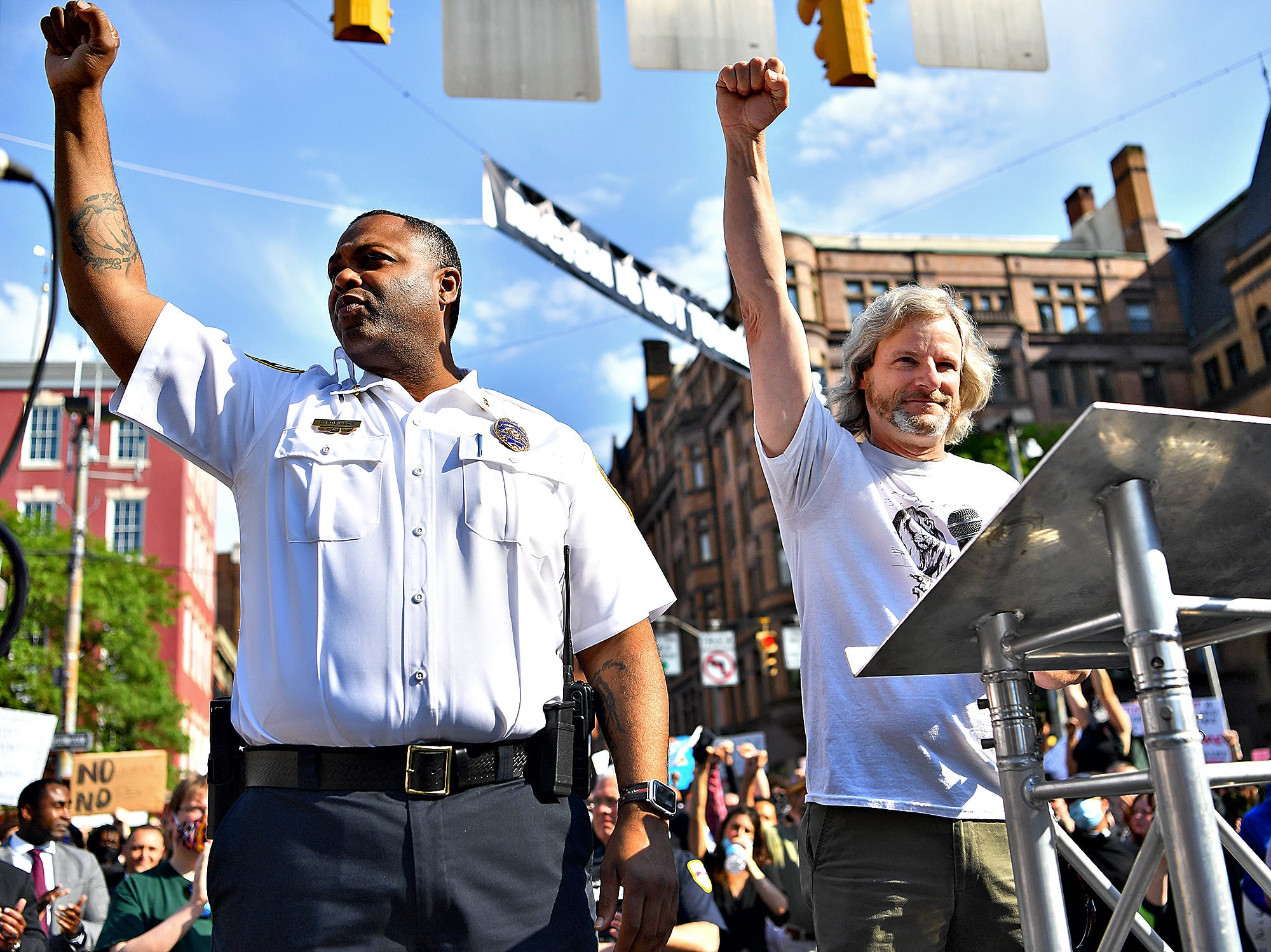 York City Police Commissioner Osborne Robinson, left, and York City Mayor Michael Helfrich stand together as more than 1,000 participate in the York Black Lives Matter Peaceful Protest in York City, Tuesday, June 2, 2020. It would be the second day of larger scale protests in the city following the death of George Floyd, a Minnesota man who died in police custody in Minneapolis, Mn., on May 25. Dawn J. Sagert photo