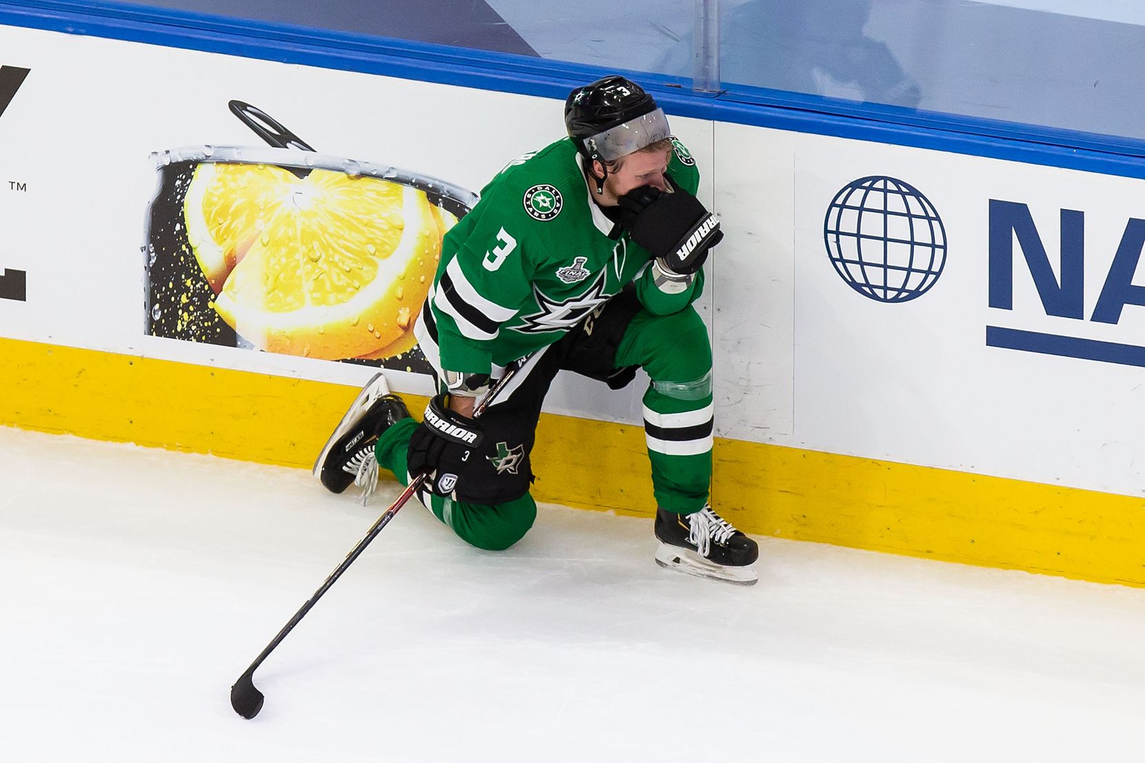 John Klingberg (3) of the Dallas Stars reacts to his team's loss against the Tampa Bay Lightning during Game Six of the Stanley Cup Final at Rogers Place in Edmonton, Alberta, Canada on Monday, September 28, 2020. (Codie McLachlan/Special Contributor)