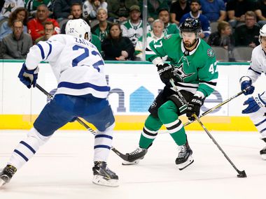 Dallas Stars right wing Alexander Radulov (47) positions himself to score a first period goal against Toronto Maple Leafs defenseman Nikita Zaitsev (22) at the American Airlines Center in Dallas, Tuesday, October 9, 2018.