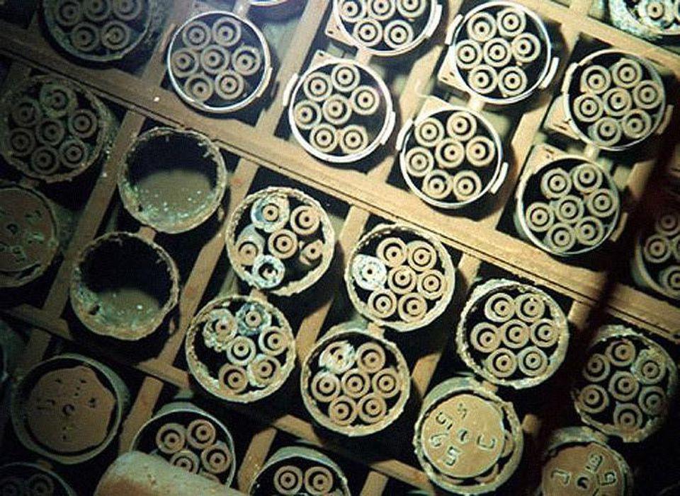 Uncapped fuel stored underwater in K-East Basin at the Hanford site.