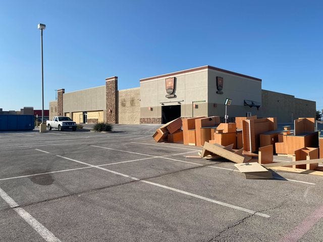 Demolition is underway at the former Hastings book store at 4238 Sunset Drive. Crews are making way for a Burlington clothing retail store.