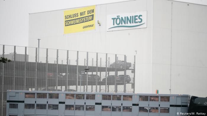 A truck with pigs arrives at Germany's largest slaughterhouse as a Greenpeace activist unfurls a banner reading 'End the swine system' A truck with pigs arrives at Germany's largest slaughterhouse as a Greenpeace activist unfurls a banner reading 'End the swine system'
