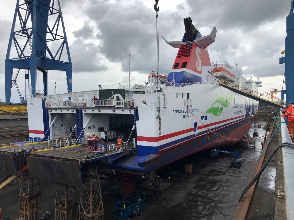 STENA SUPERFAST VIII seen in Belfast Dry Dock, Harland & Wolff, during October 2020. © Stena Line.