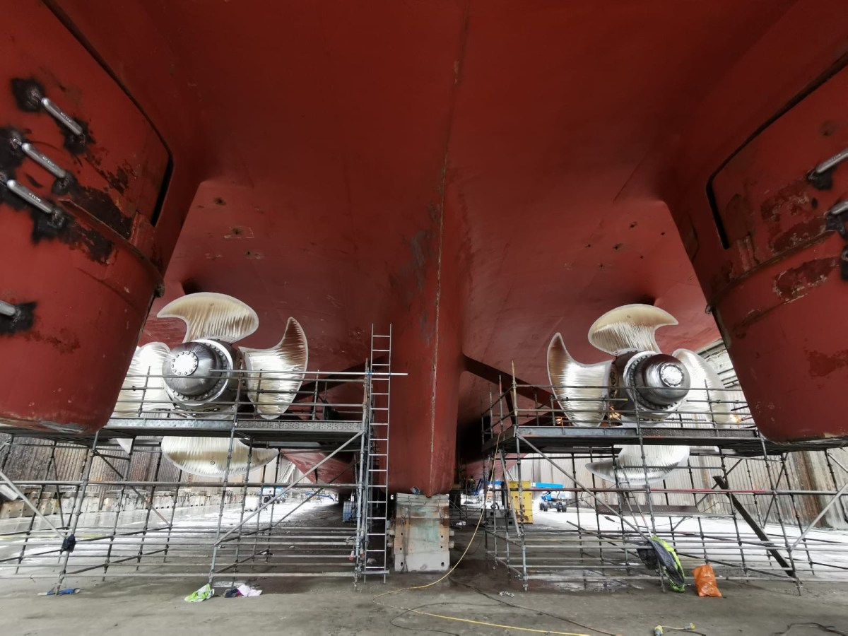 An impressive view of STENA SUPERFAST VIII's propellers taken while in Belfast Dry Dock, Harland & Wolff, during October 2020. © Stena Line.