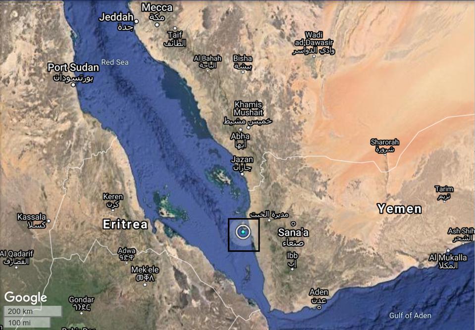 A map showing land and sea. The Red Sea and the Gulf of Aden are shown.