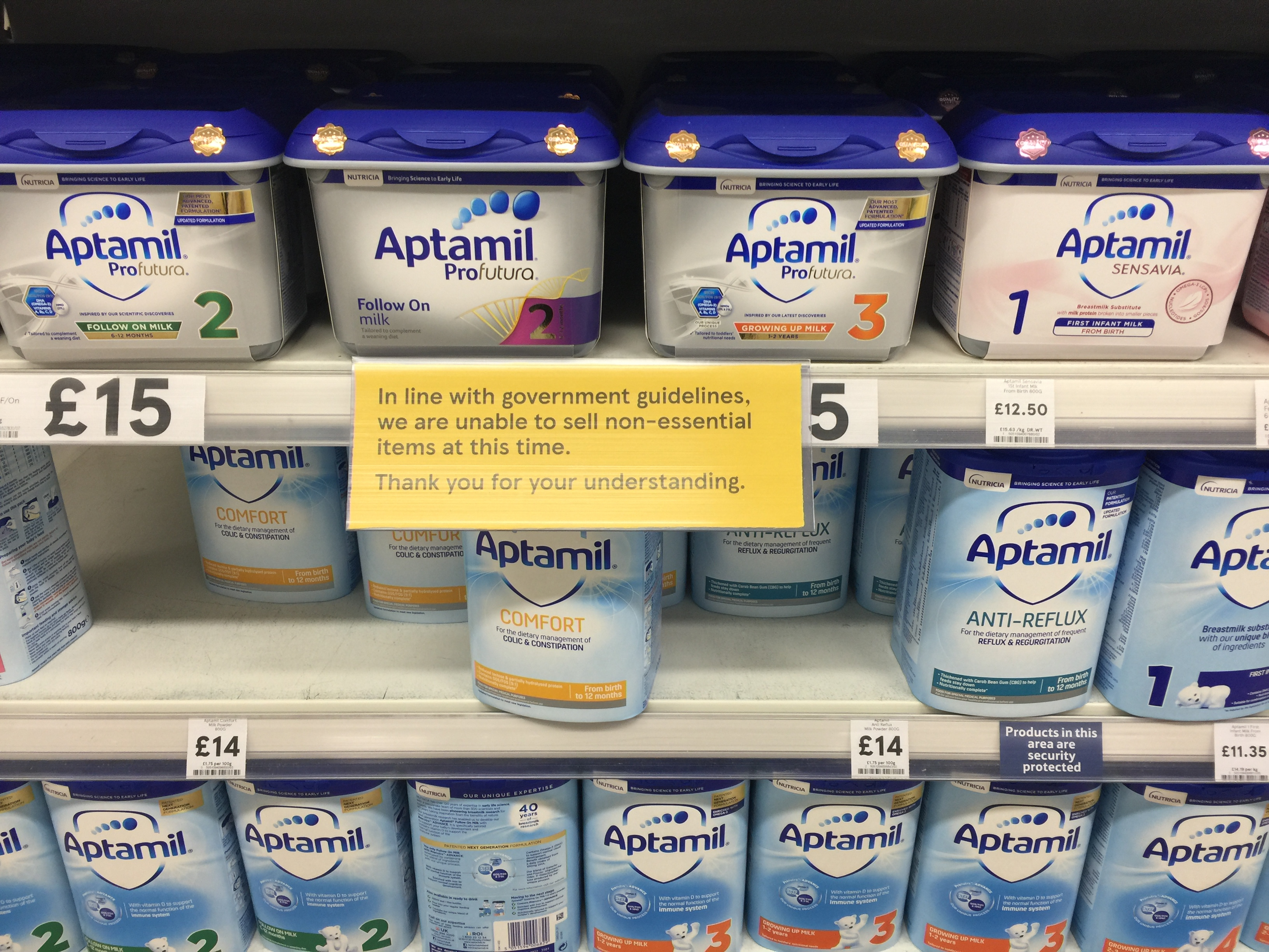 Baby milk was given a "non essential" tag in one Tesco - but it has now been added to the essential list