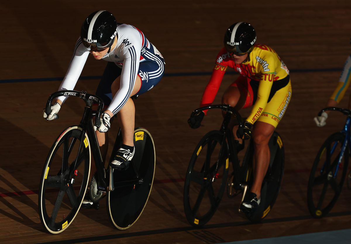 UCI Track Cycling World Cup, London 2014, Jessica Varnish leads the pack in the Keirin.