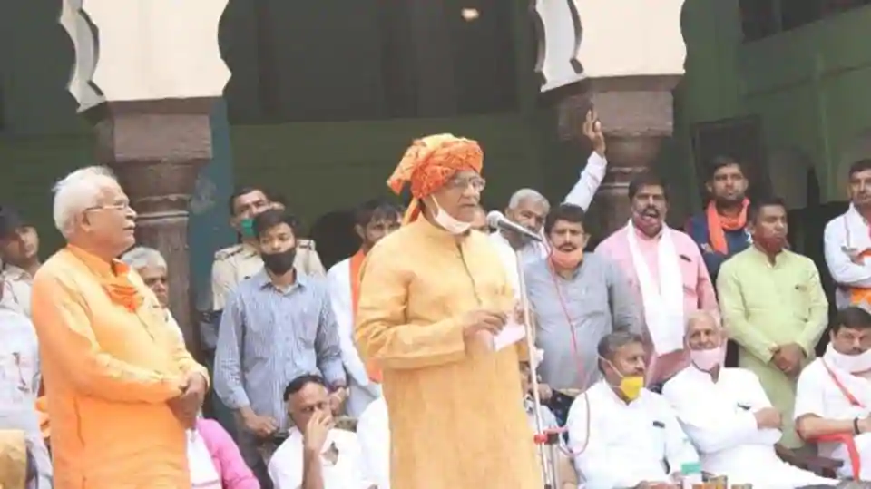 BJP state chief OP Dhankar  addressing people at Bhainswan Khurd village on Saturday.