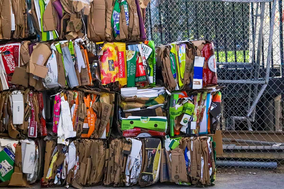 Baled OCC for recycling.