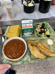Baked-on-site cornbread on a lunch tray at Amery School District for the 2019 Wisconsin Chili Lunch. Statewide farm to school events like the Wisconsin Chili Lunch encourage schools to practice procuring and serving more local-grown foods in cafeterias, including local grain.