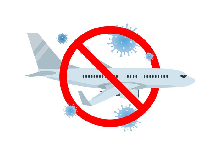 drawing of airplane with cancellation symbol and germs indicating cancelled planes due to pandemic