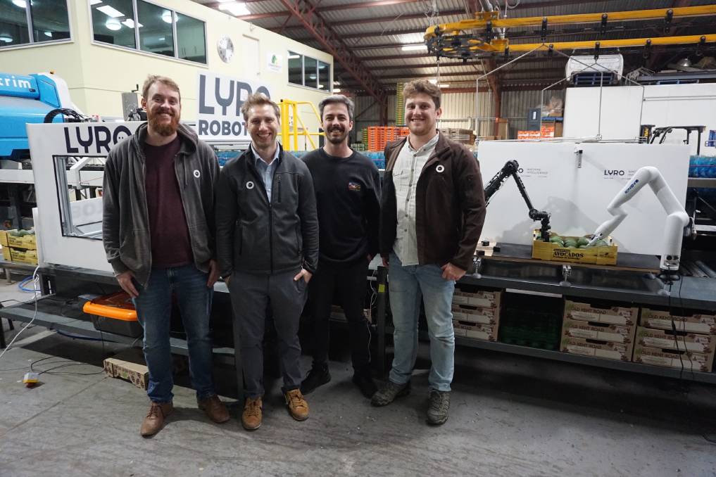 TEAM LYRO: Sam Dyson, Juxi Leitner, Norton Kelly-Boxall, and Angus Lane in the Boardman family's Sunnyspot packing shed at Ravensbourne near Toowoomba. 