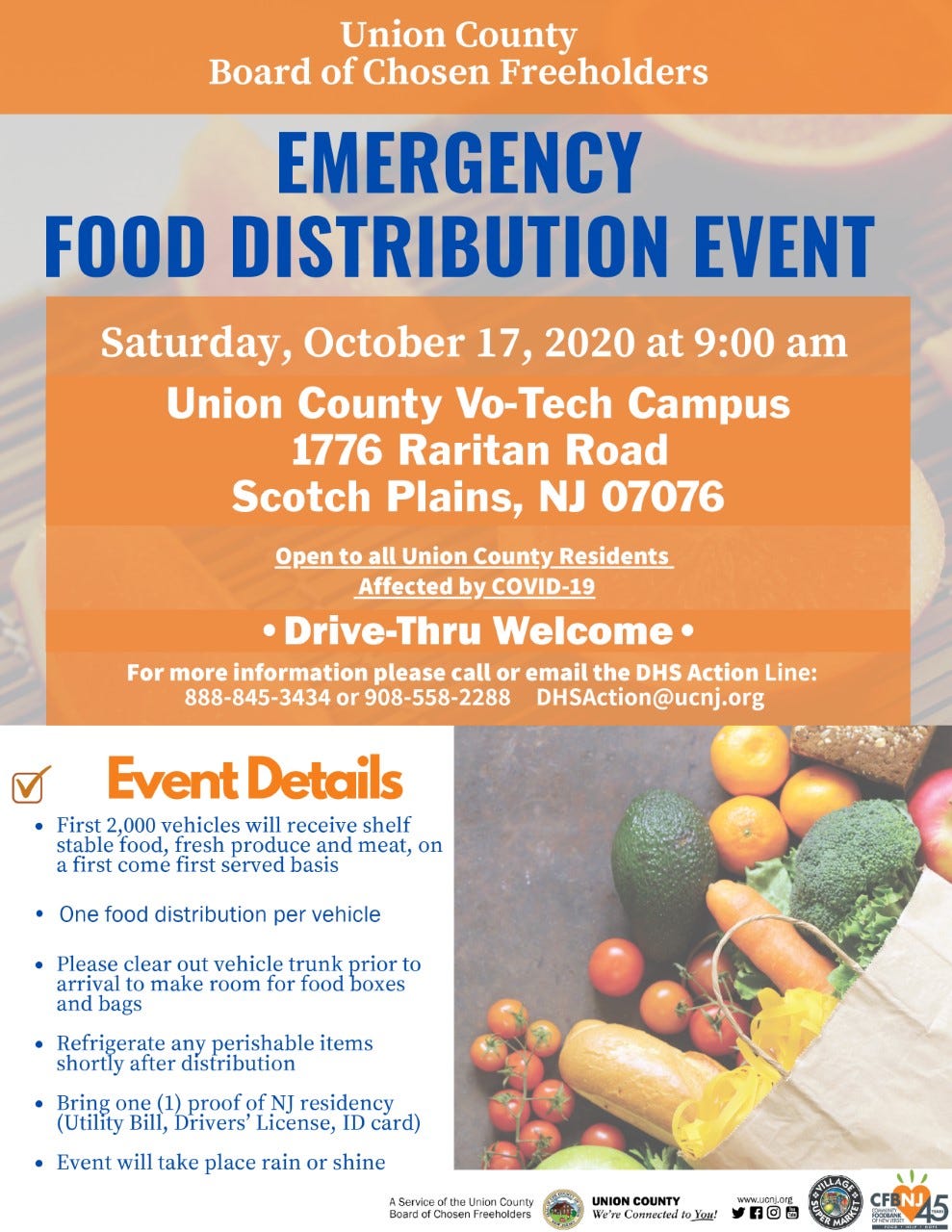 An emergency food distribution event will be held Oct. 17 at the Union County Vocational Technical School in Scotch Plains