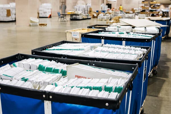 Bins of provisional ballots at the Convention Center in Philadelphia on Tuesday.