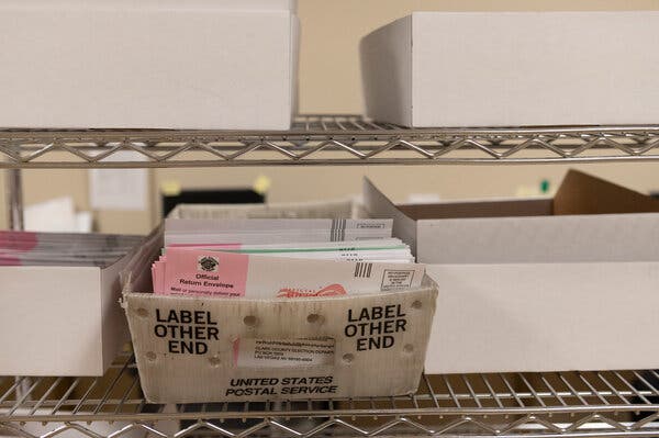 Mail-in ballots in Las Vegas on Friday. The nationwide figure for on-time delivery of mail ballots has bounced around this week, from 89 percent on Tuesday to 97 percent on Wednesday.
