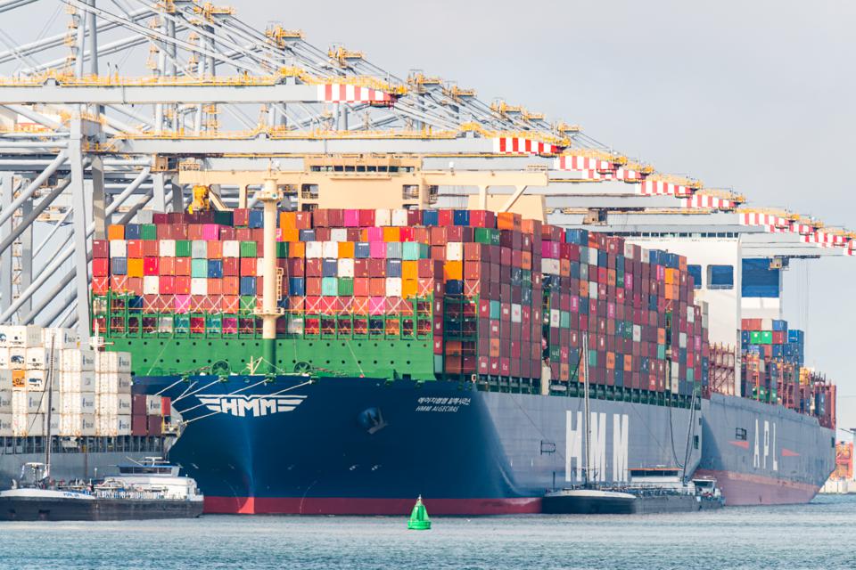 ROTTERDAM, NETHERLANDS - JUNE 3: The largest container vessel in the world, the HMM Algeciras is moored at the Amaliaport of Rotterdam on June 3, 2020 in Rotterdam, The Netherlands.