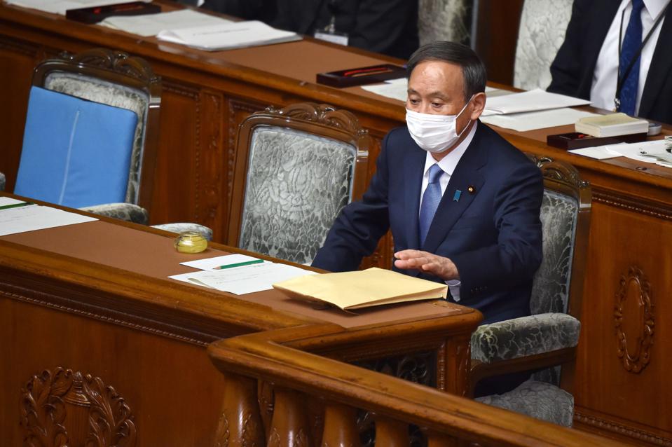 Japan's Prime Minister Yoshihide Suga delivers his first policy speech in Tokyo on October 26, 2020.