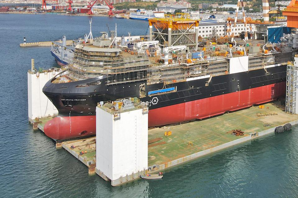 SEPTEMBER 17 2020: A krill transportation vessel of Norway's Aker BioMarine sits under construction at CIMC Raffles Offshore Engineering