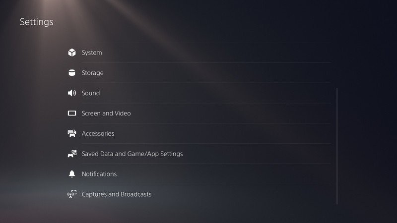 PS5 Main Settings Menu