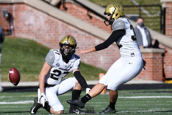 Vanderbilt’s Sarah Fuller kicking off against the University of Missouri on Saturday, becoming the first woman to play for one of college football’s Power 5 conferences.