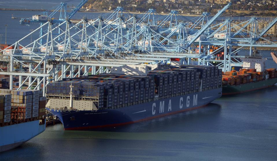 The 'Benjamin Franklin,' the largest container ship to ever call at a North America port, is docked at the Port of Los Angeles in San Pedro, California.