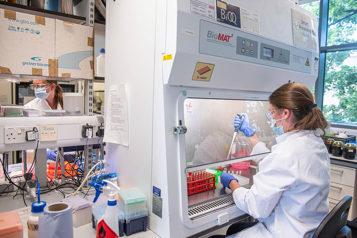 An Oxford Vaccine Group researcher in a laboratory works on the coronavirus vaccine developed by AstraZeneca and Oxford University.