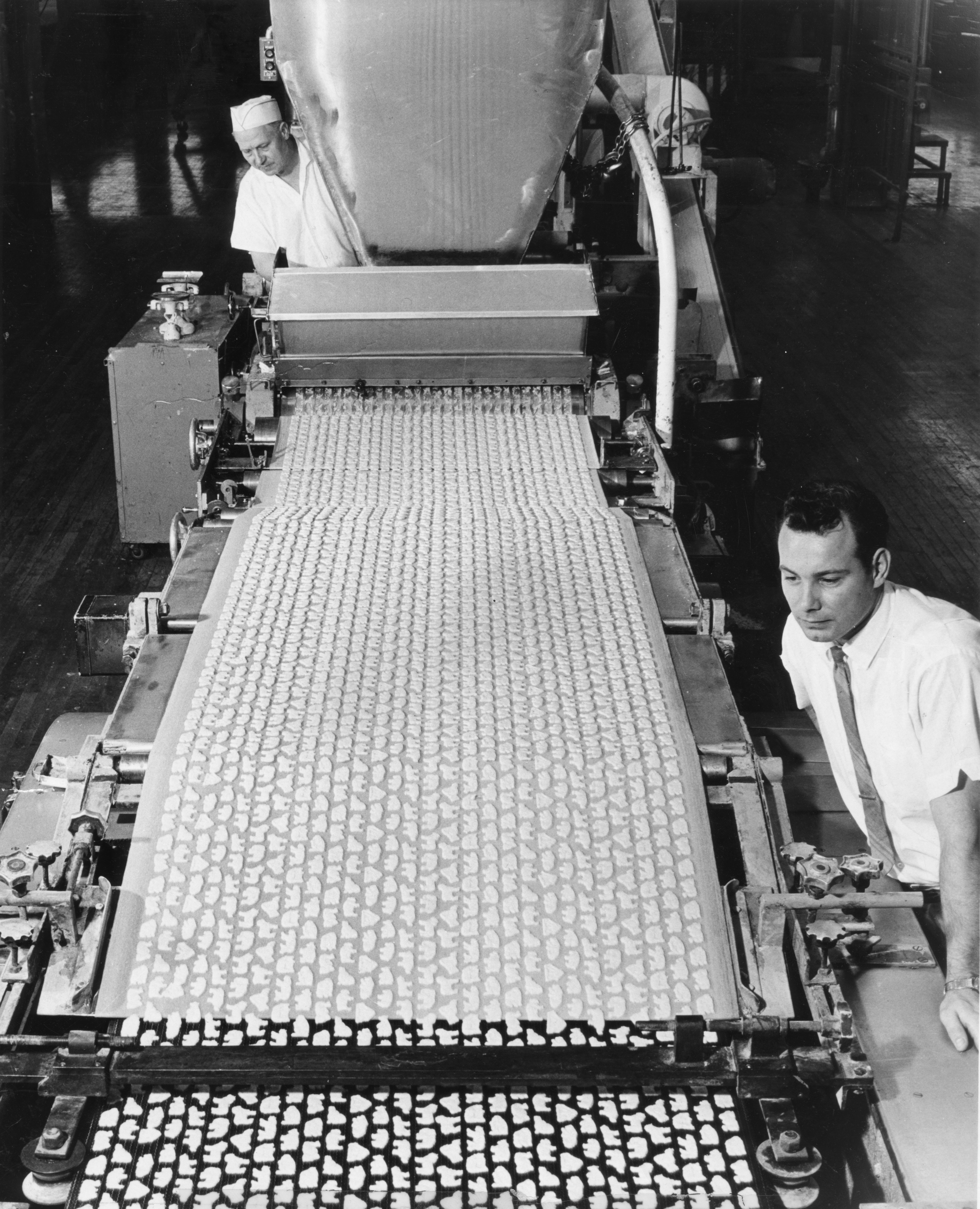 Rows of animals start out as cookie-cutter dough on a four-block ride at the Nabisco plant in Fair Lawn, N.J., on May 4, 1969. They will emerge as Barnum's Animal Crackers.