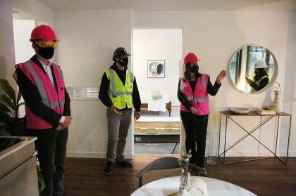 Oakland Mayor Libby Schaaf (right) and Darin Ranelletti (left), policy director for housing security, tour a Mighty Duo B with Zayn El Hajji (center), projext manager, at Mighty Buildings on Friday, November 6, 2020 in Oakland, Calif.
