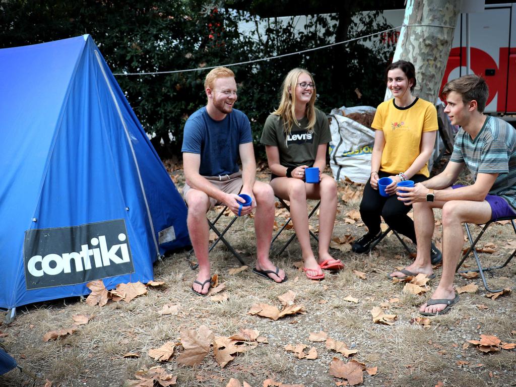 Contiki has long been a right of passage for young Australians wanting to explore the world. (L-R) Jason Hyem, Telea Dijkstra, Leah Chatgoglou and Finn Wright setting up camp in Antibes on the French Riviera. Picture: Olivia Day Contiki has long been a right of passage for young Australians wanting to explore the world. (L-R) Jason Hyem, Telea Dijkstra, Leah Chatgoglou and Finn Wright setting up camp in Antibes on the French Riviera. Picture: Olivia Day