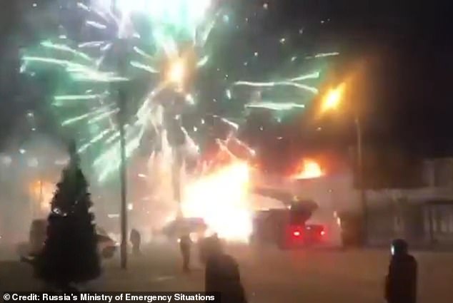The wildly dangerous fireworks display lasted several minutes as onlookers first watched, and then ran from the unruly explosions