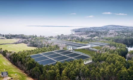 An illustration of Nordic Aquafarms’ Belfast salmon farm overlooking Penobscot Bay, Maine.